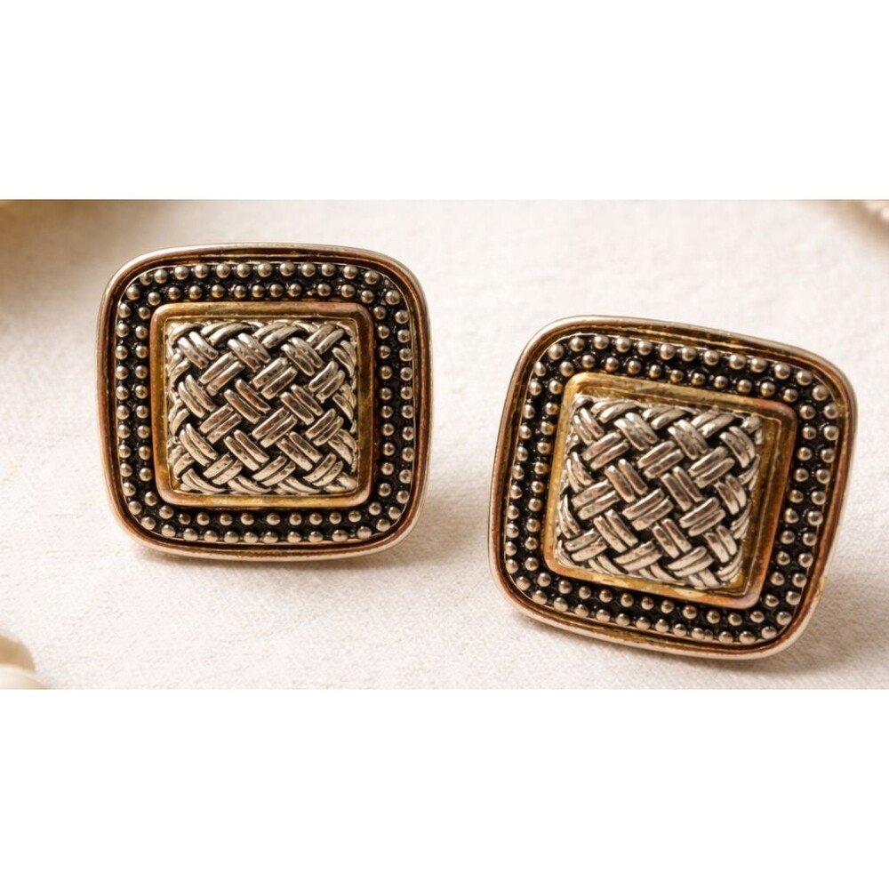 Vintage Gold Silver Basket Weave Clip On Earrings Mixed Metal Boho Quiet Luxury